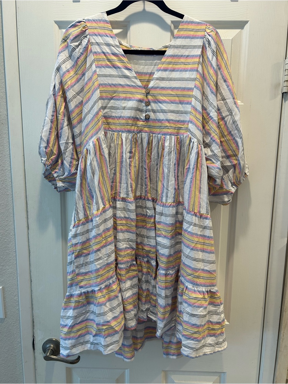 Label of Love XL Striped Tiered Midi Dress Puff Sleeve Coastal Boho - Picture 13 of 13